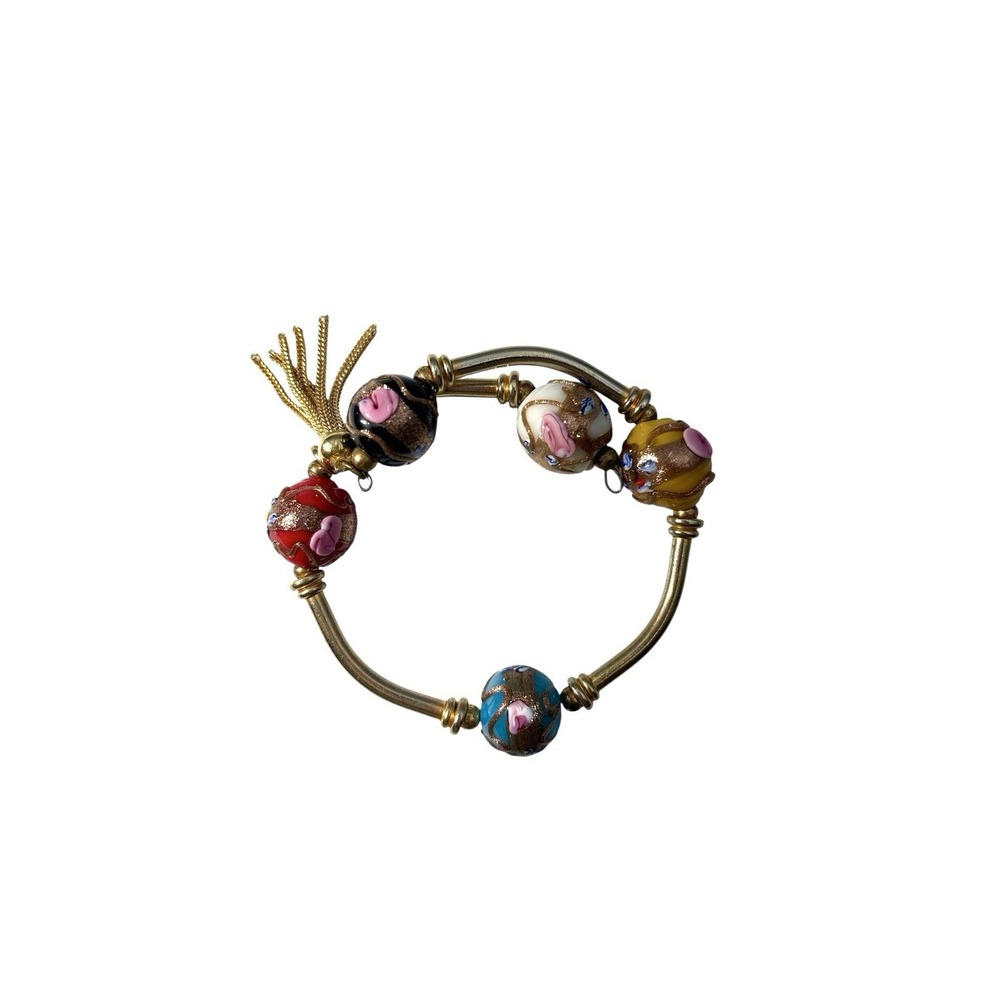 Vintage‎ Gold Tone Venetian Unique Floral Glass Beads Tassle Wrap Bracelet